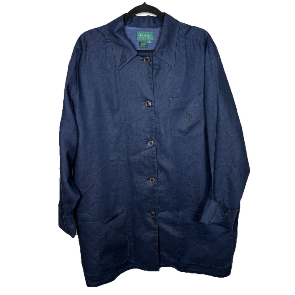 Lauren Ralph Lauren 100% Linen Navy Jacket Women's 1X‎ Lightweight Patch Pockets